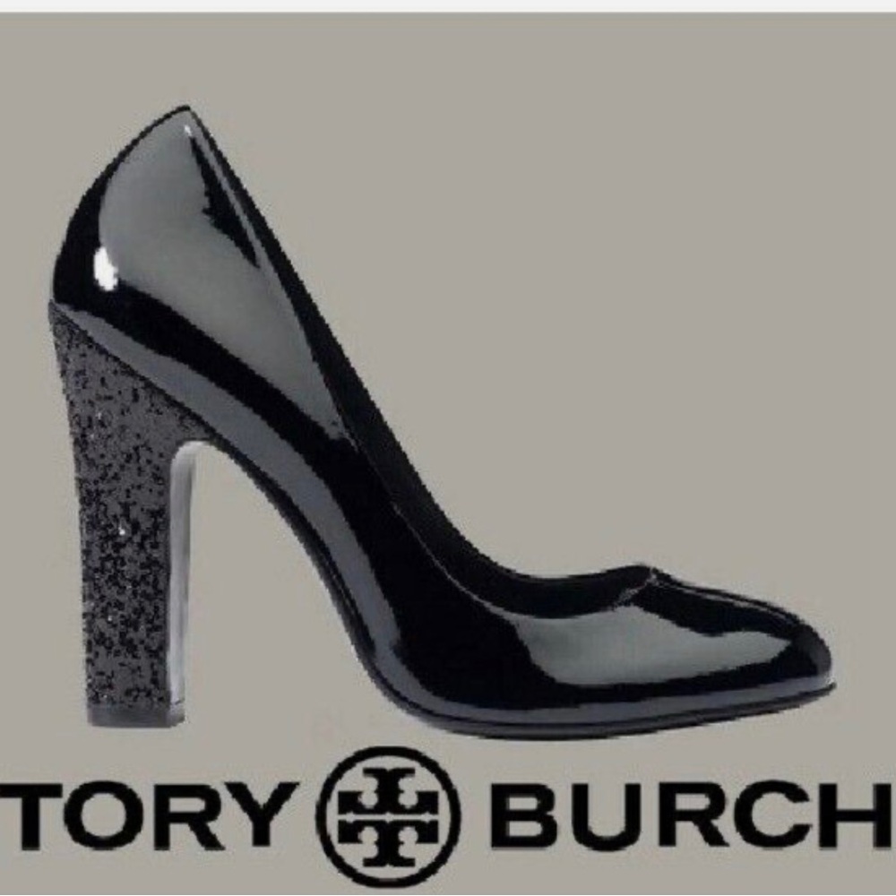 Tory Burch Collin black patent leather heels pumps sparkle glitter holiday SZ 6